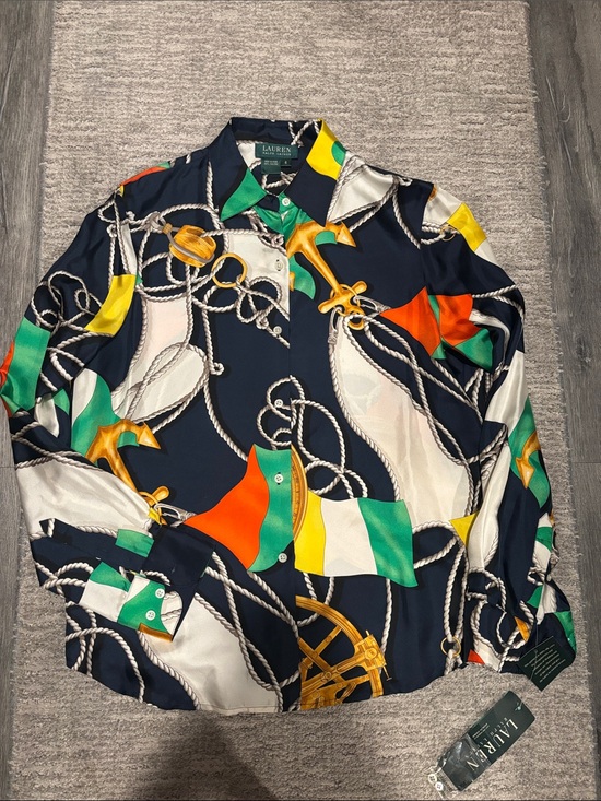 Ralph Lauren Tops - Lauren Ralph Lauren Navy Nautical Print Silk-Blend Shirt - Multicolor size 6